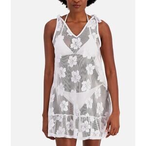 NWT Miken Swim Womens Tie Shoulder Ruffle Hem Floral Cover-Up White Dress Small